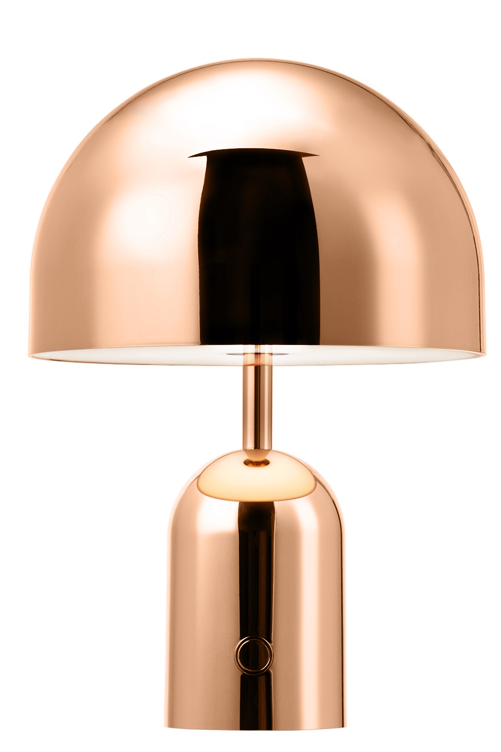 Nahaufnahme der Bell Akkuleuchte / Tischleuchte von Tom Dixon in Kupfer.