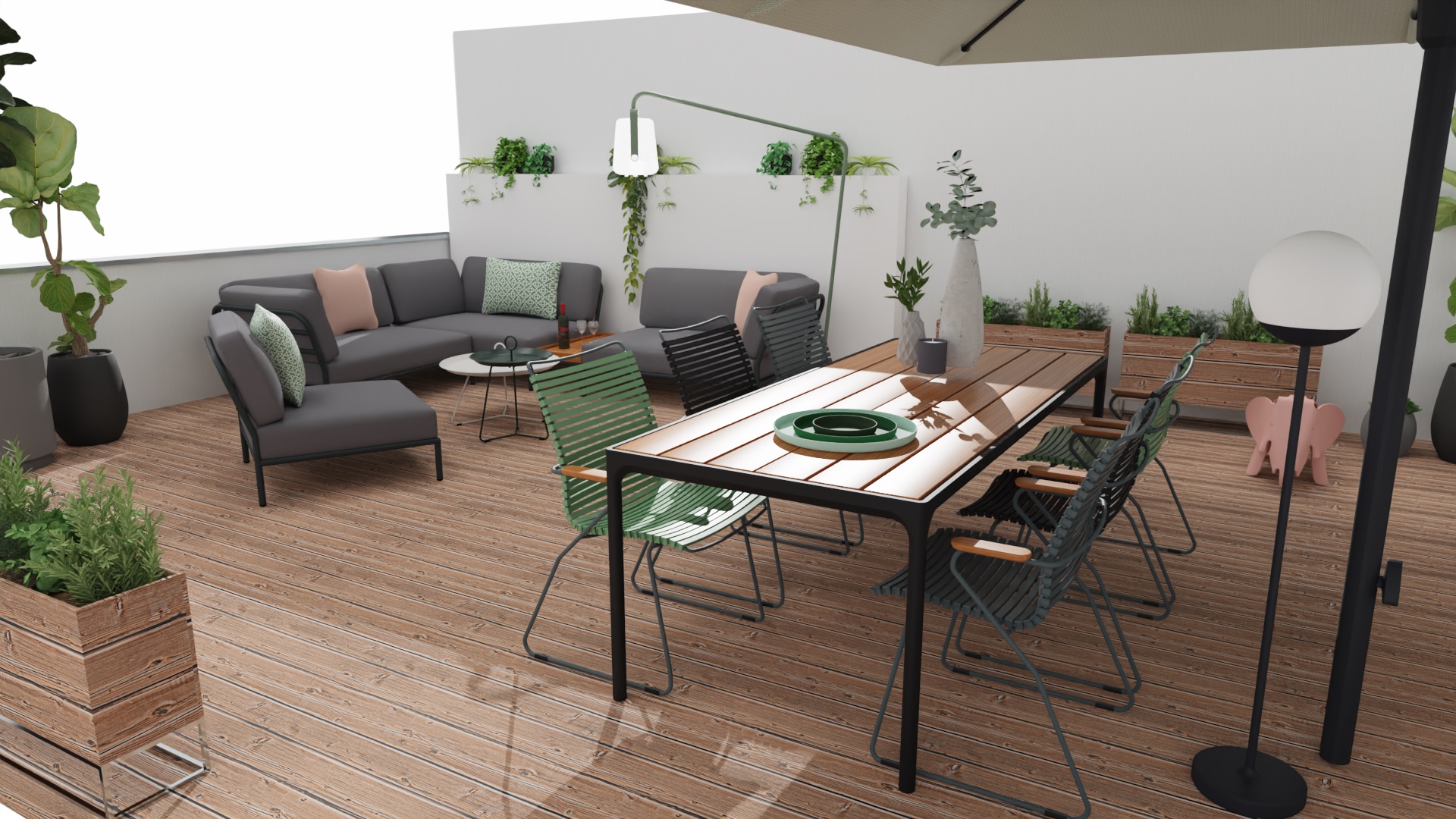 Terrasse mit grauer Lounge, Holztisch, grünen Stühlen und Pflanzen in Holzkästen für entspannte Stunden im Freien.