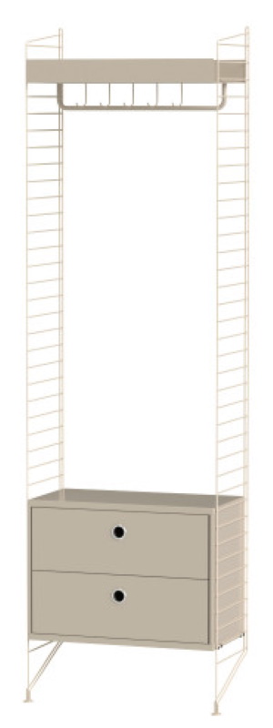 Beiges String Regalsystem für den Flur mit zwei Schubladen und Kleiderstange. Bodenstehendes String Regal.