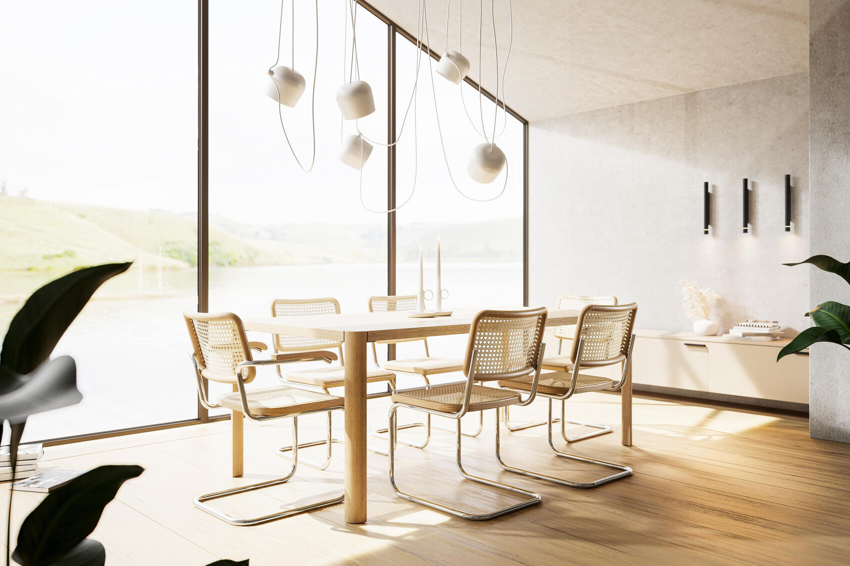 Heller Essbereich mit modernem Esstisch und Stühlen mit Rattan-Geflecht vor großem Fenster.