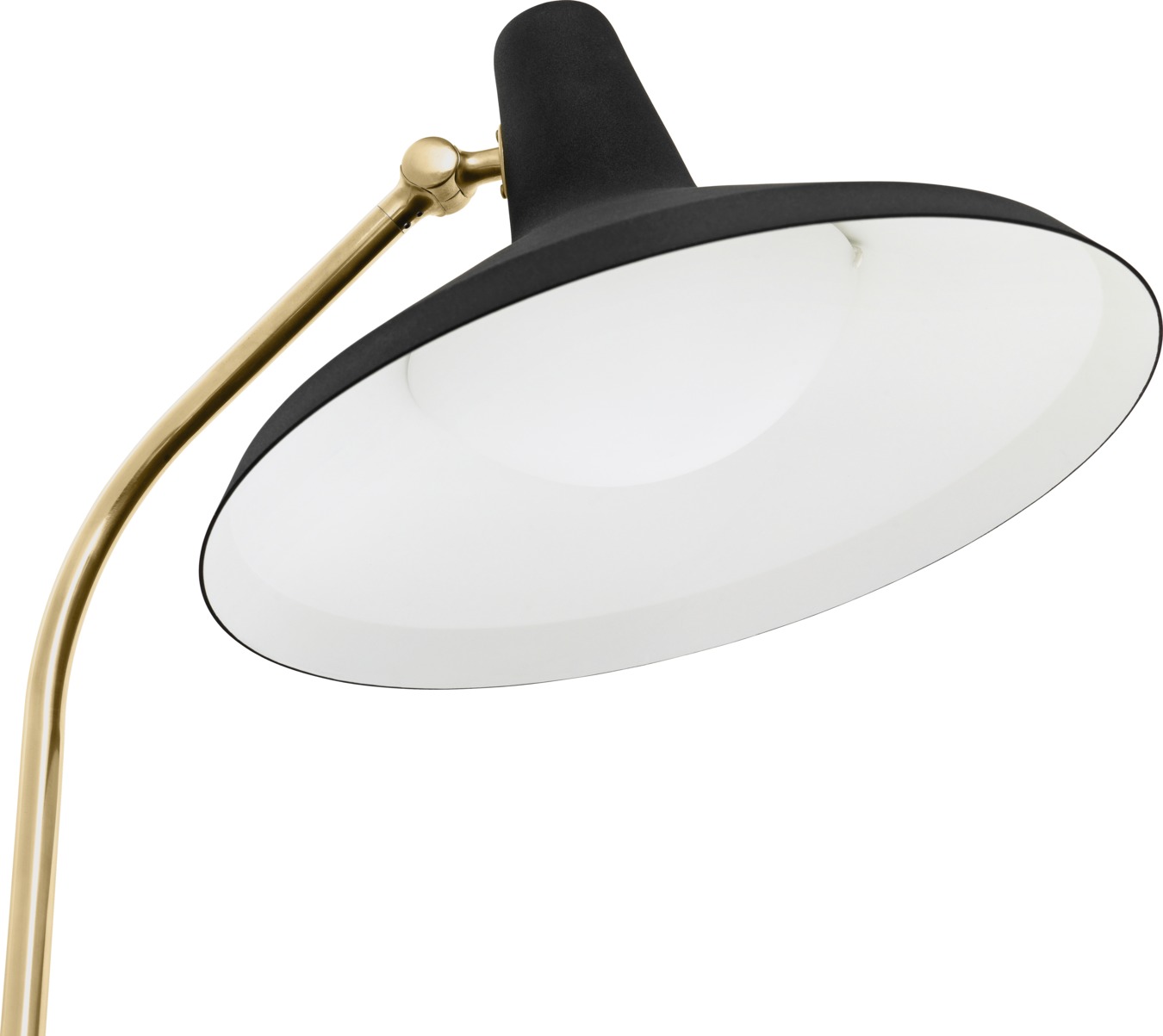 Detailaufnahme der G-10 Stehleuchte von Gubi mit schwarzem Schirm und goldenem Gestell.