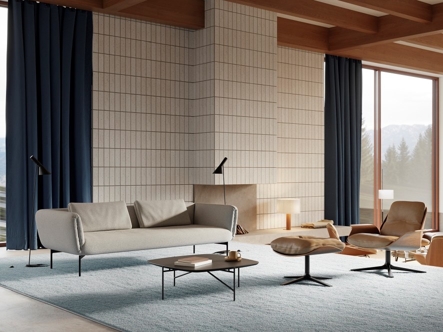 Wohnzimmer mit Prostoria Sofa, Sessel und Hocker. Modernes Möbeldesign für stilvolles Wohnen.