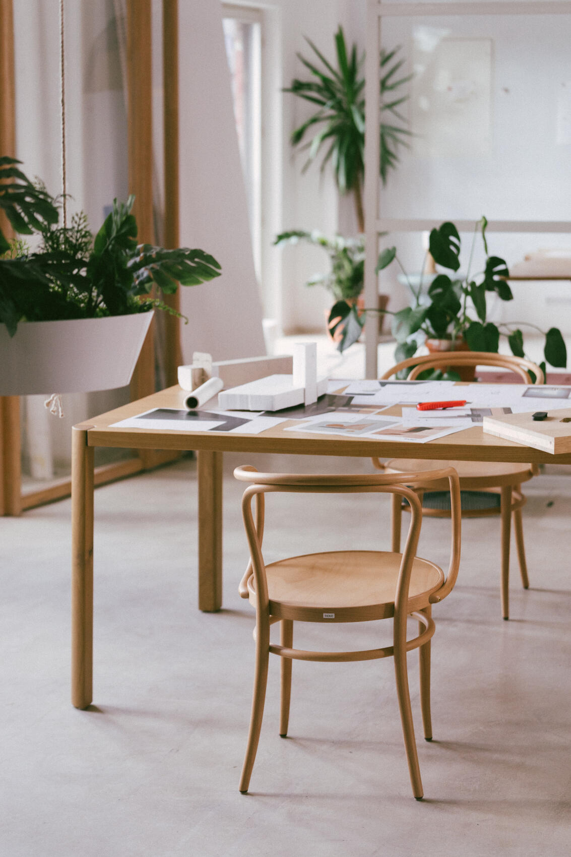 Heller Büroraum mit Holztisch, Thonet Stuhl und Pflanzen. Fokus auf Design und natürliche Materialien.