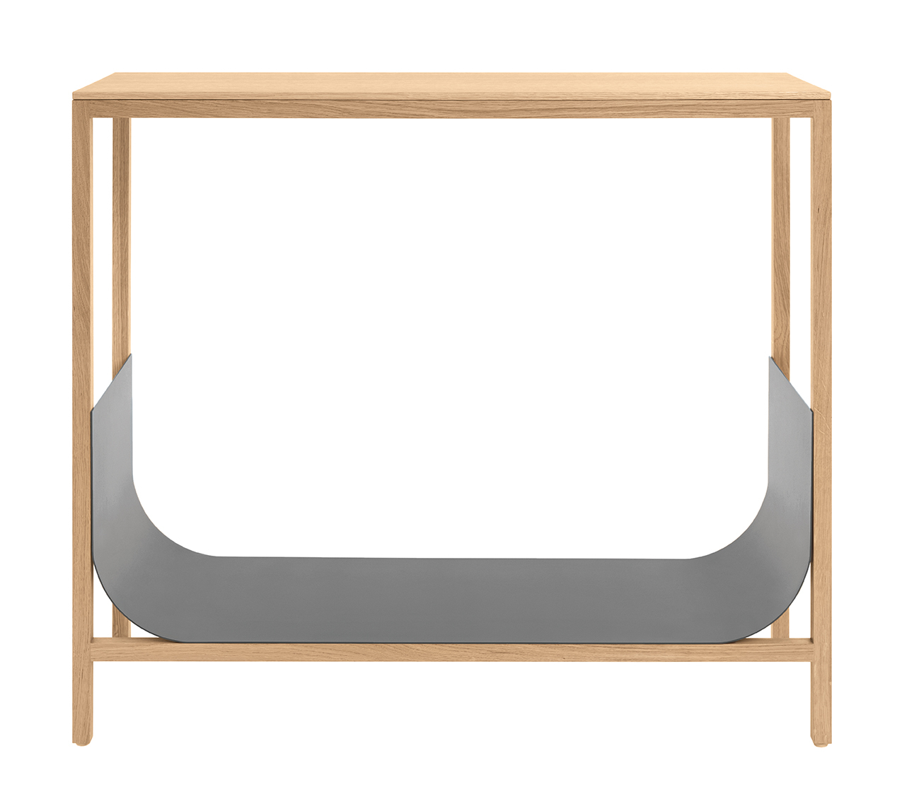 Schönbuch Tub Konsoltisch aus Eiche mit grauer Ablage für Zeitschriften, modernes Möbeldesign.