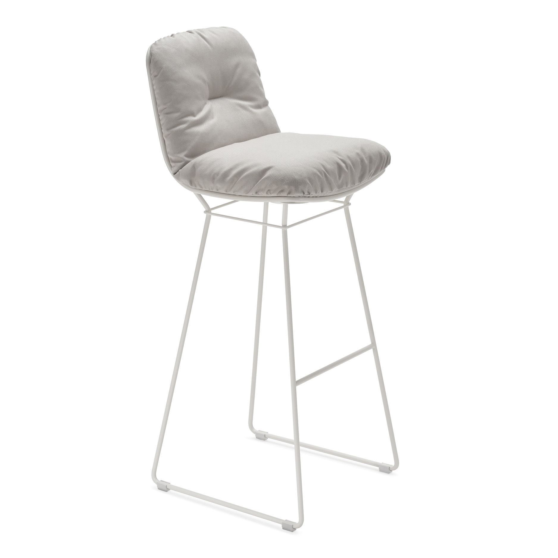 Leyasol Barhocker von Freifrau Manufaktur mit grauem Polster und weißem Metallgestell für die Küche.