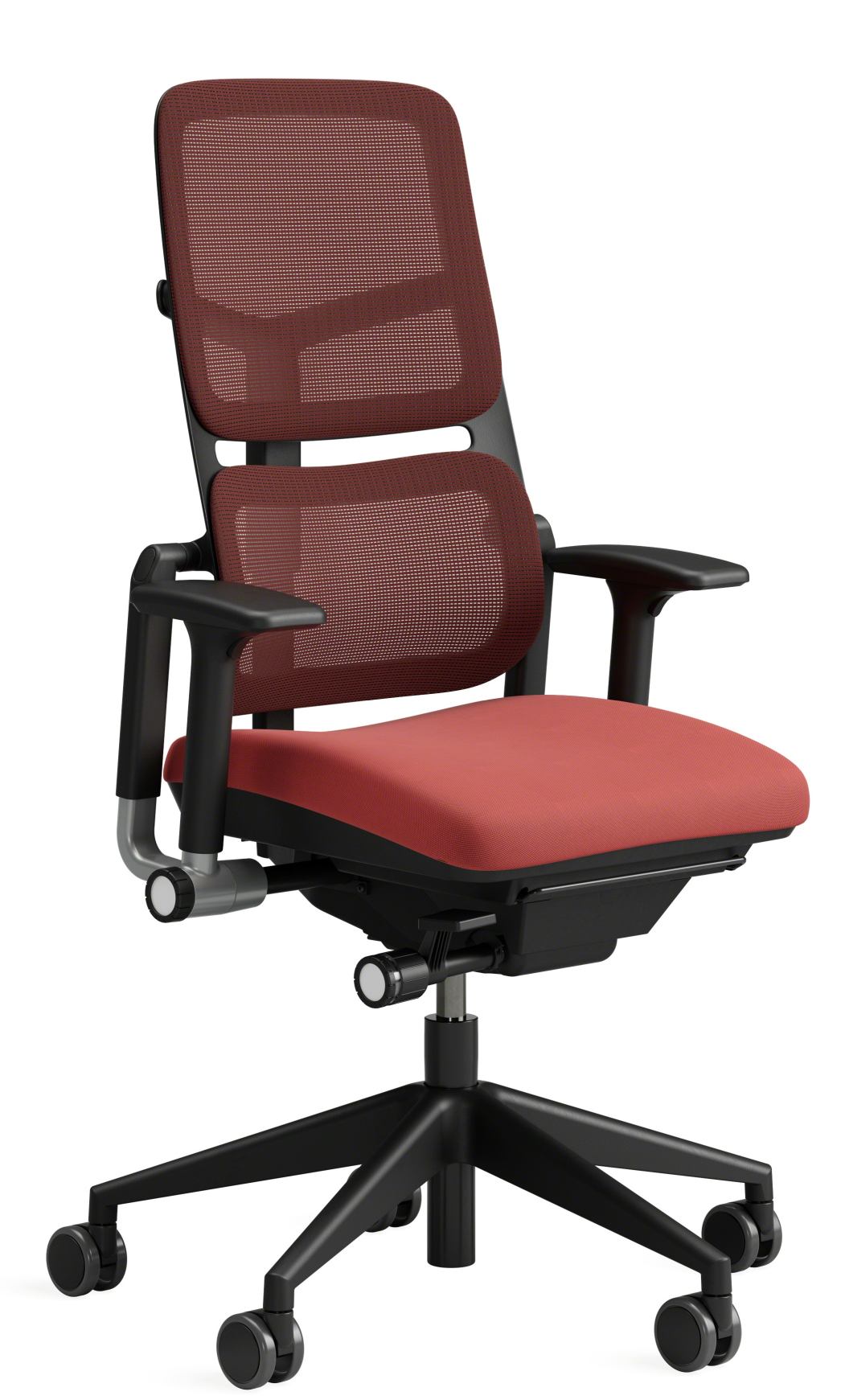 Steelcase Please Air Bürostuhl mit rotem Netzrücken und schwarzem Fußkreuz, ergonomischer Arbeitsstuhl.