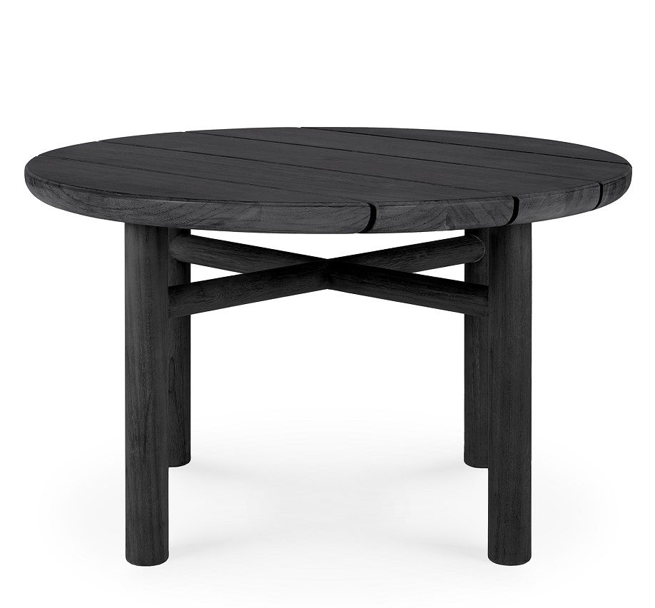 Schwarzer Ethnicraft Quatro Beistelltisch aus Teakholz für den Außenbereich, runde Tischplatte und vier Beine.