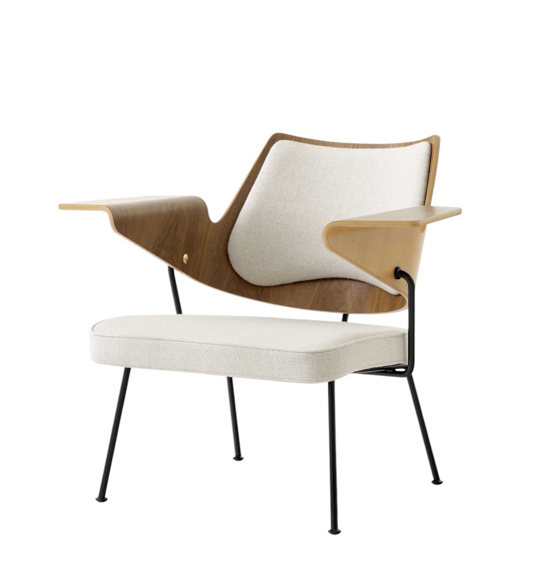 RFH Robin Day Sessel: Moderner Lounge Chair mit Holzrahmen und beigem Stoffbezug auf schwarzen Beinen.