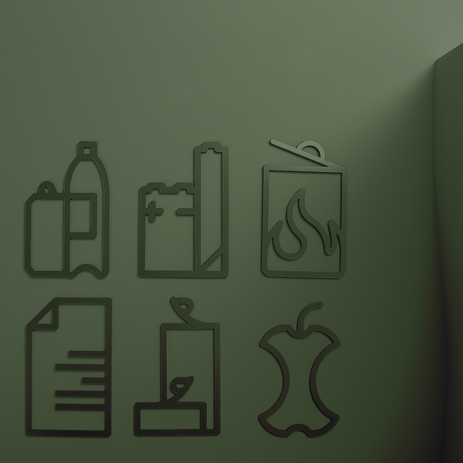 Mizetto Mülltrennung Symbole: Icons für Plastik, Batterien, Papier, Biomüll und Restmüll.