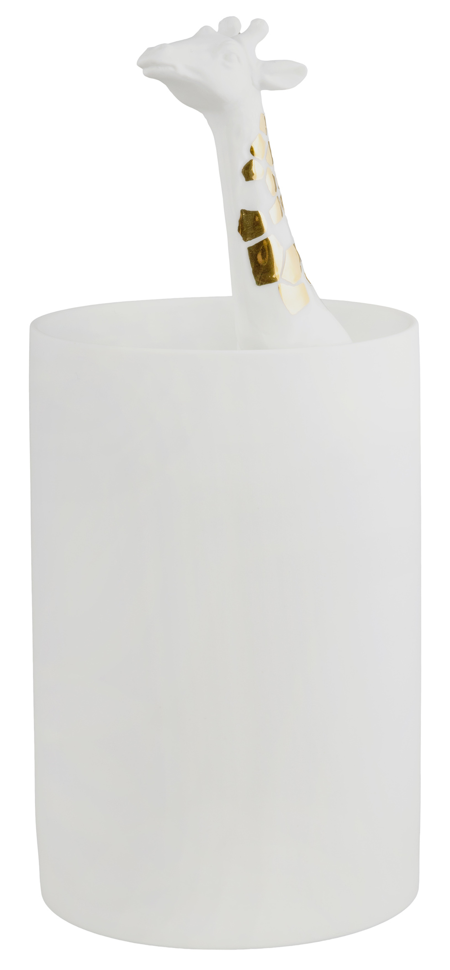 Weiße Porzellanvase mit Giraffenkopf und goldenen Akzenten, Teil der Living Porzellangeschichten Kollektion.
