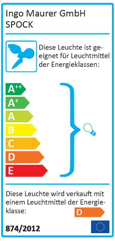 Energielabel der Ingo Maurer Spock Deckenleuchte mit Energieeffizienzklassen von A++ bis E.