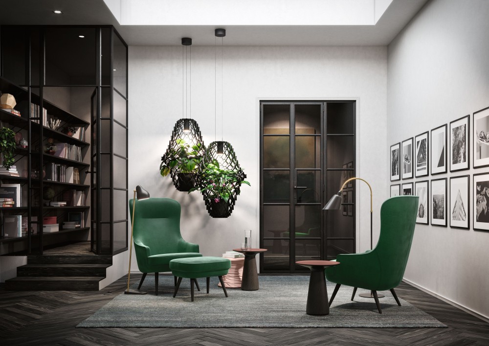 Wohnzimmer mit grünem Sessel, Walter Knoll Bellows Hocker und Beistelltischchen, Pflanzenlampen und Bücherregal.