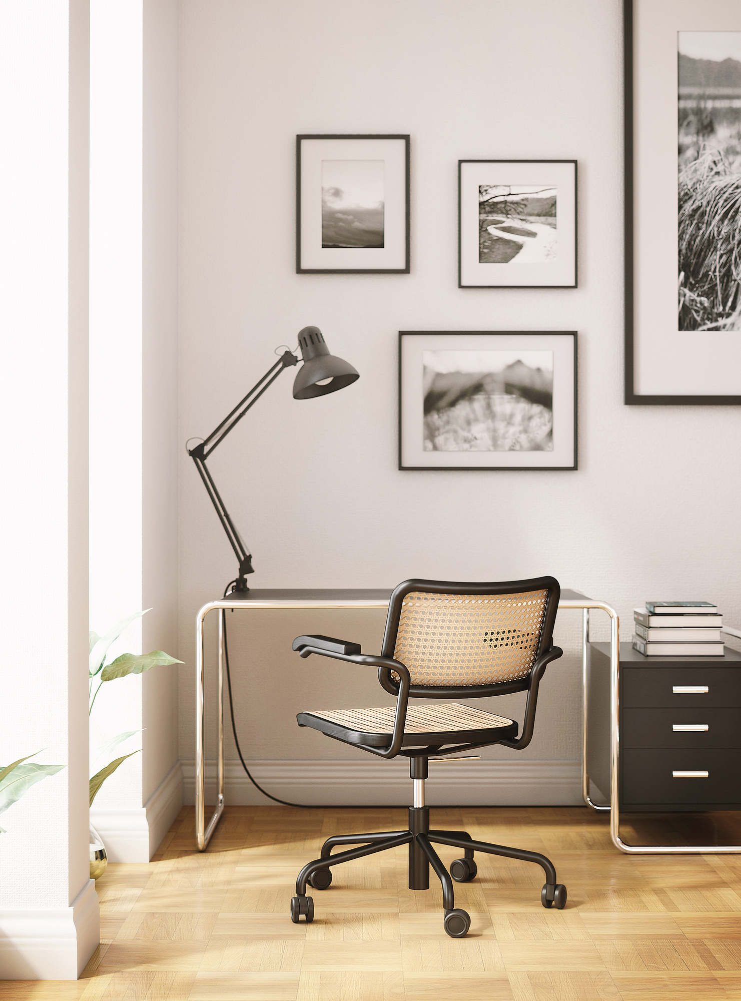 S 285/1 Thonet Schreibtisch mit Stahlrohr Gestell und passendem Bürostuhl in einem hellen Arbeitszimmer.