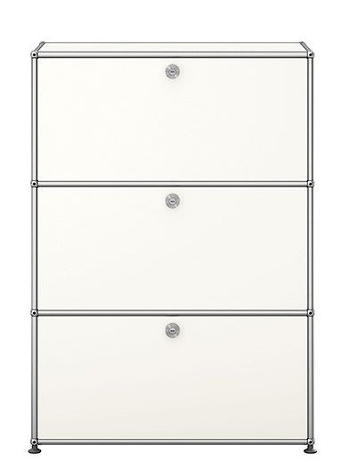 USM Haller Highboard in Reinweiß mit drei Klappen, modernes Designmöbel für stilvolle Wohnräume.