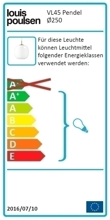 Energieeffizienzlabel der Louis Poulsen VL45 Radiohus Pendelleuchte Ø 25 cm, Leuchtmittel Energieklassen.