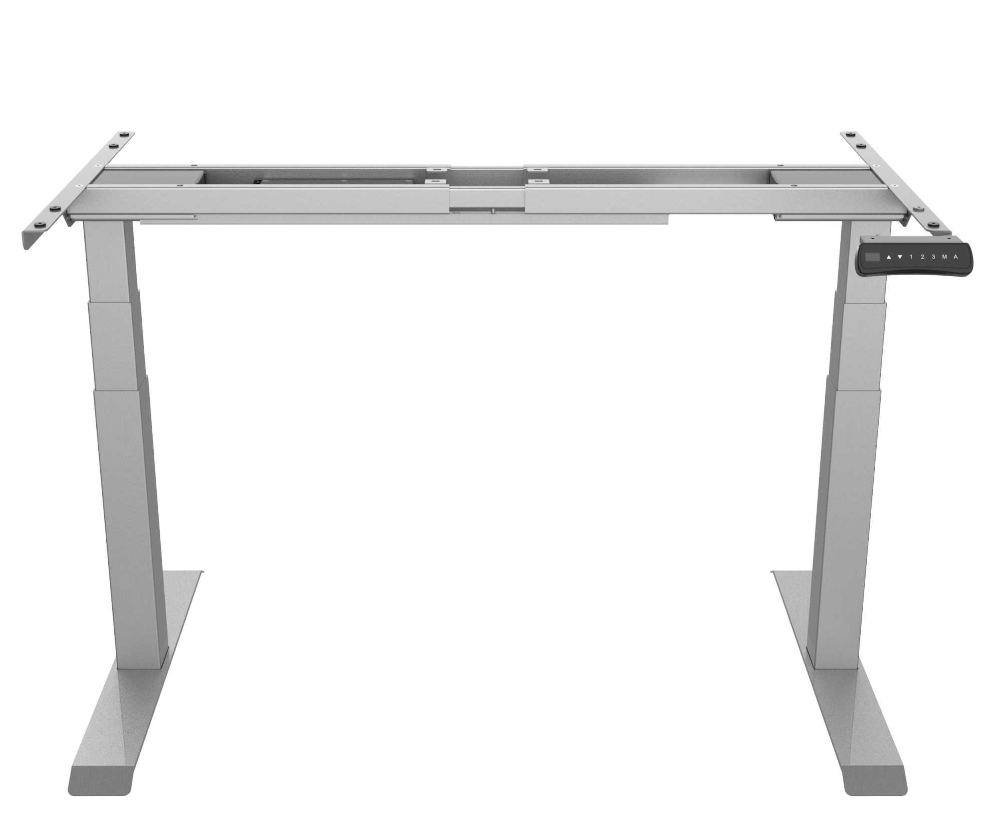 Silbernes Hiplift Untergestell für einen höhenverstellbaren Schreibtisch, elektrisch, ohne Tischplatte.