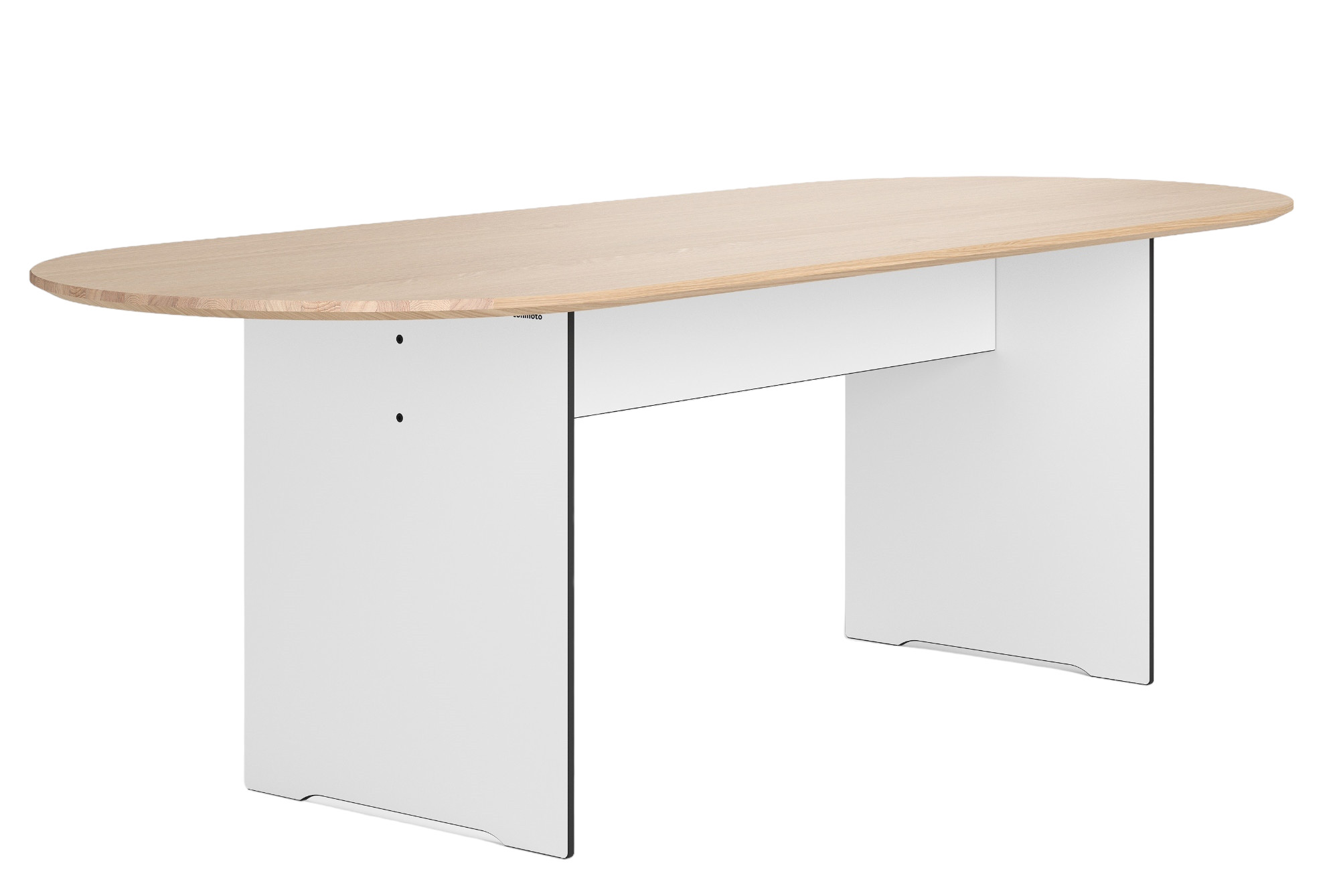 Riva Vario Round Tisch mit heller Holzplatte und weißen Beinen für den Innenbereich.