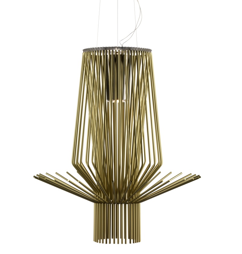 Goldene Allegro Deckenleuchte von Foscarini, moderne Pendelleuchte aus Metallstäben für Wohnzimmer und Esszimmer.