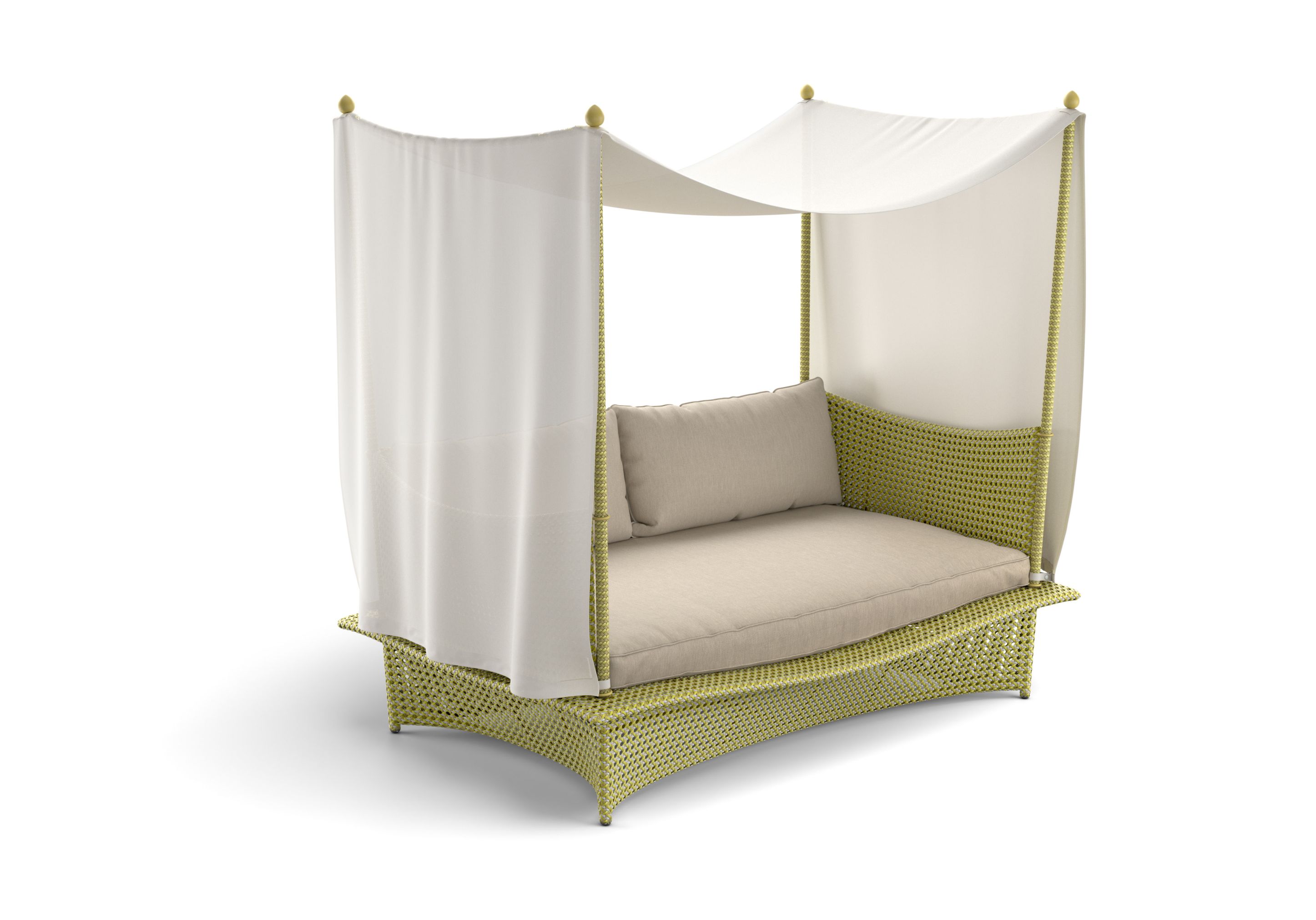 Daybed mit Polster und Baldachin. Gartenmöbel aus Rattan für Terrasse und Outdoor.