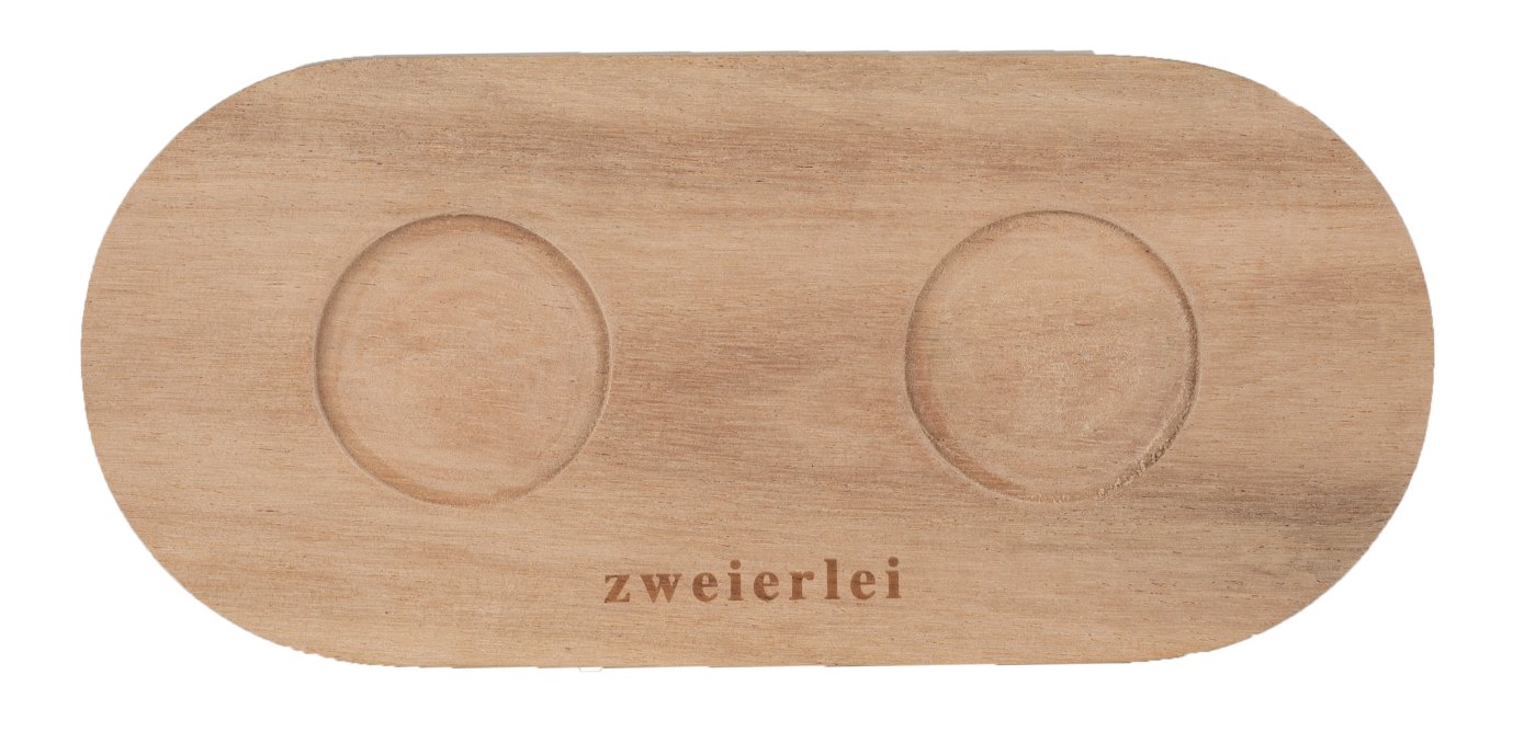 Holztablett "zweierlei" mit zwei runden Aussparungen, ideal als Tischbotschaft oder für kleine Dosen.