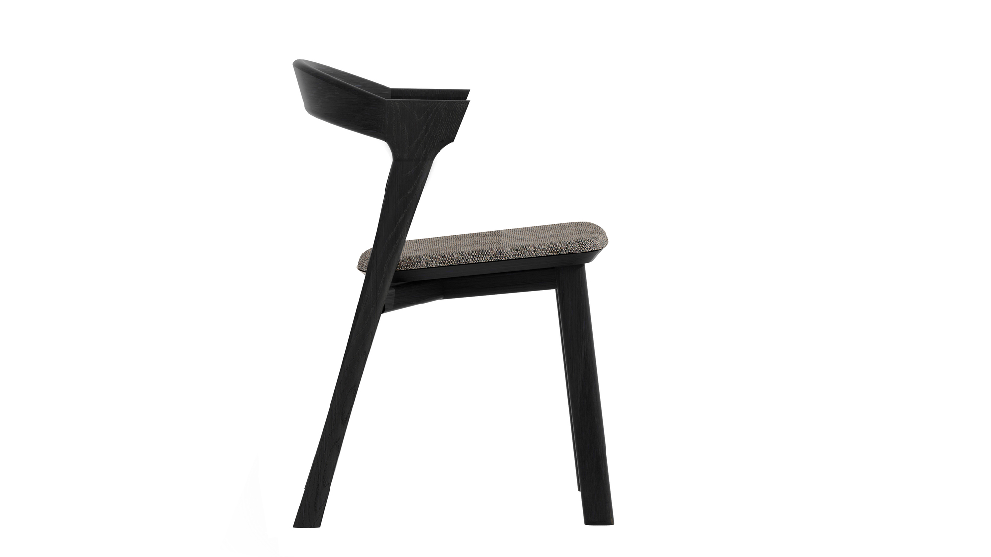Bok Stuhl ohne Armlehne: Eichenholz, schwarz gebeizt, mit grauem Sitzkissen. Designstuhl für Esszimmer.