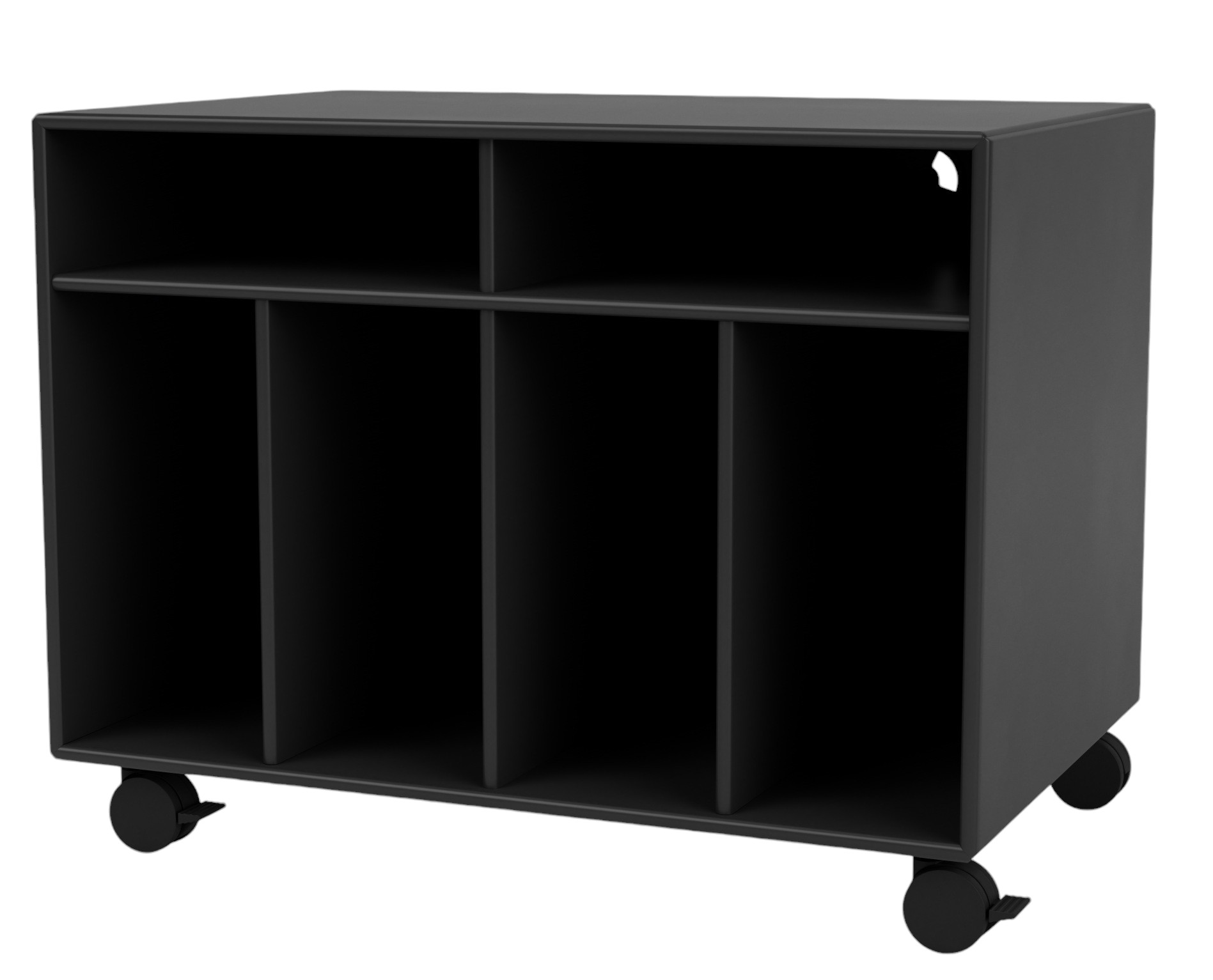 Schwarzes Montana Schallplattenregal "Spin I" mit Fächern und Rollen zur Aufbewahrung von Vinyl.