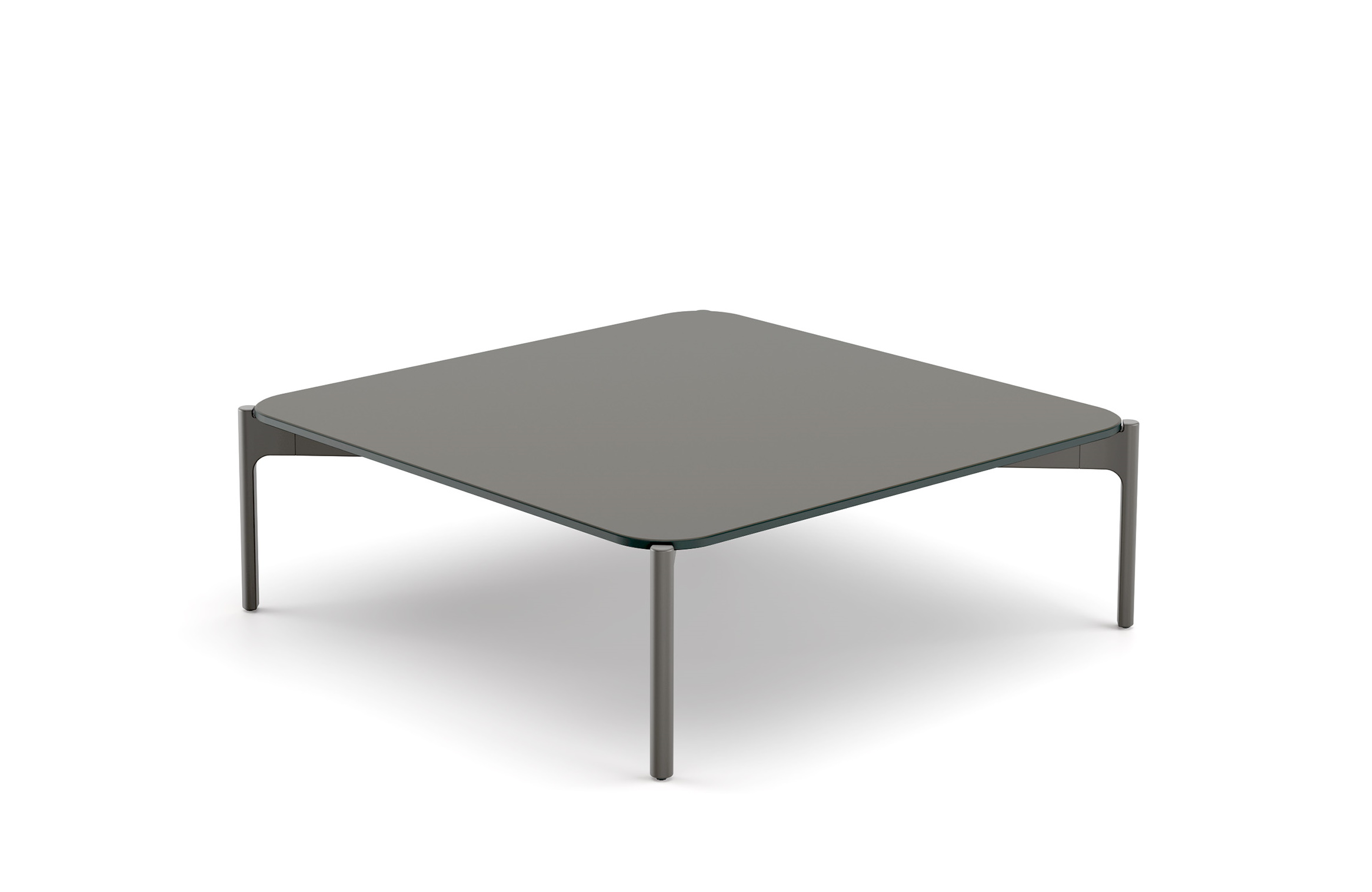 Izon Kaffeetisch von Dedon, quadratisch, 80x80cm, mit grauer Tischplatte und schlanken Beinen.