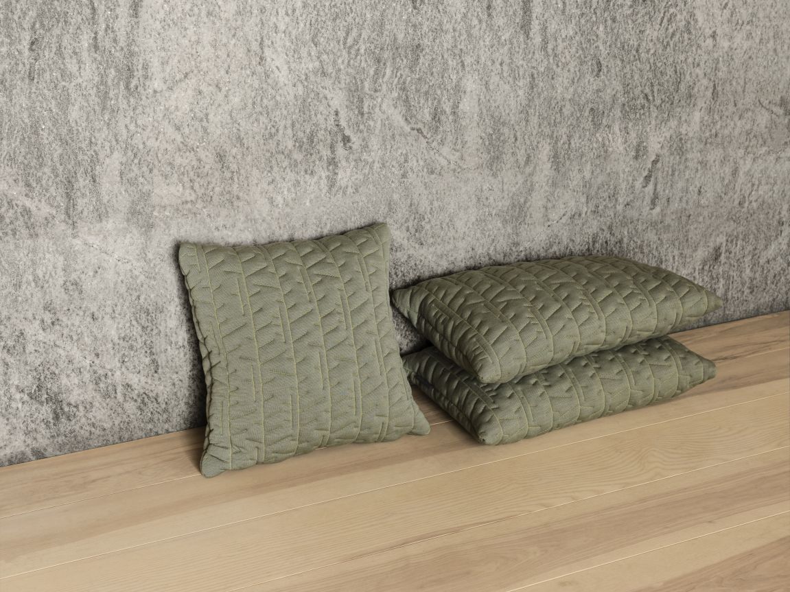 Tassel AJ Cushion Kissen in Pale Green von Fritz Hansen, gesteppt, auf hellem Holzboden.
