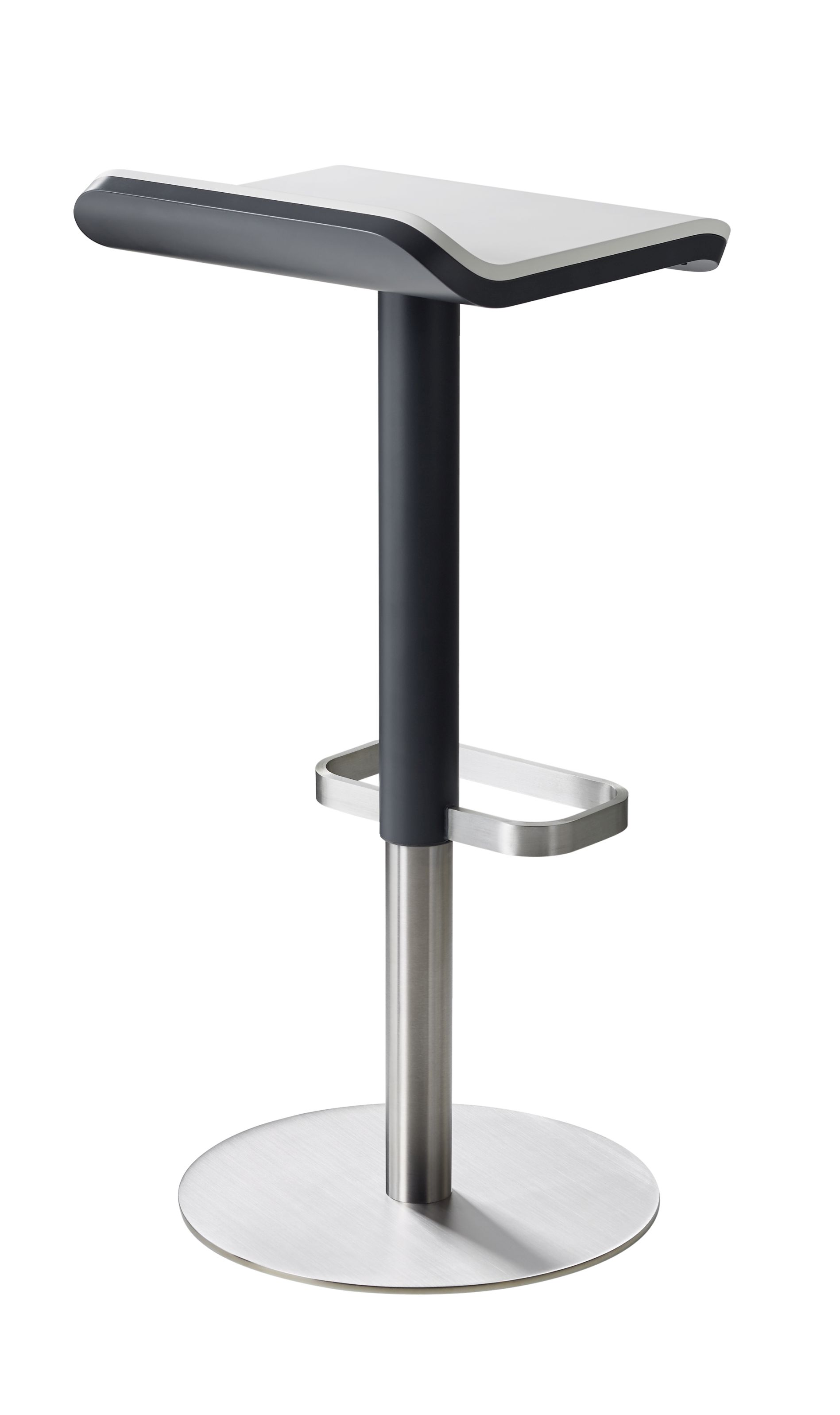 Moderner ED Barhocker von Moree, höhenverstellbar, mit Fußstütze und grau-weißem Sitz.