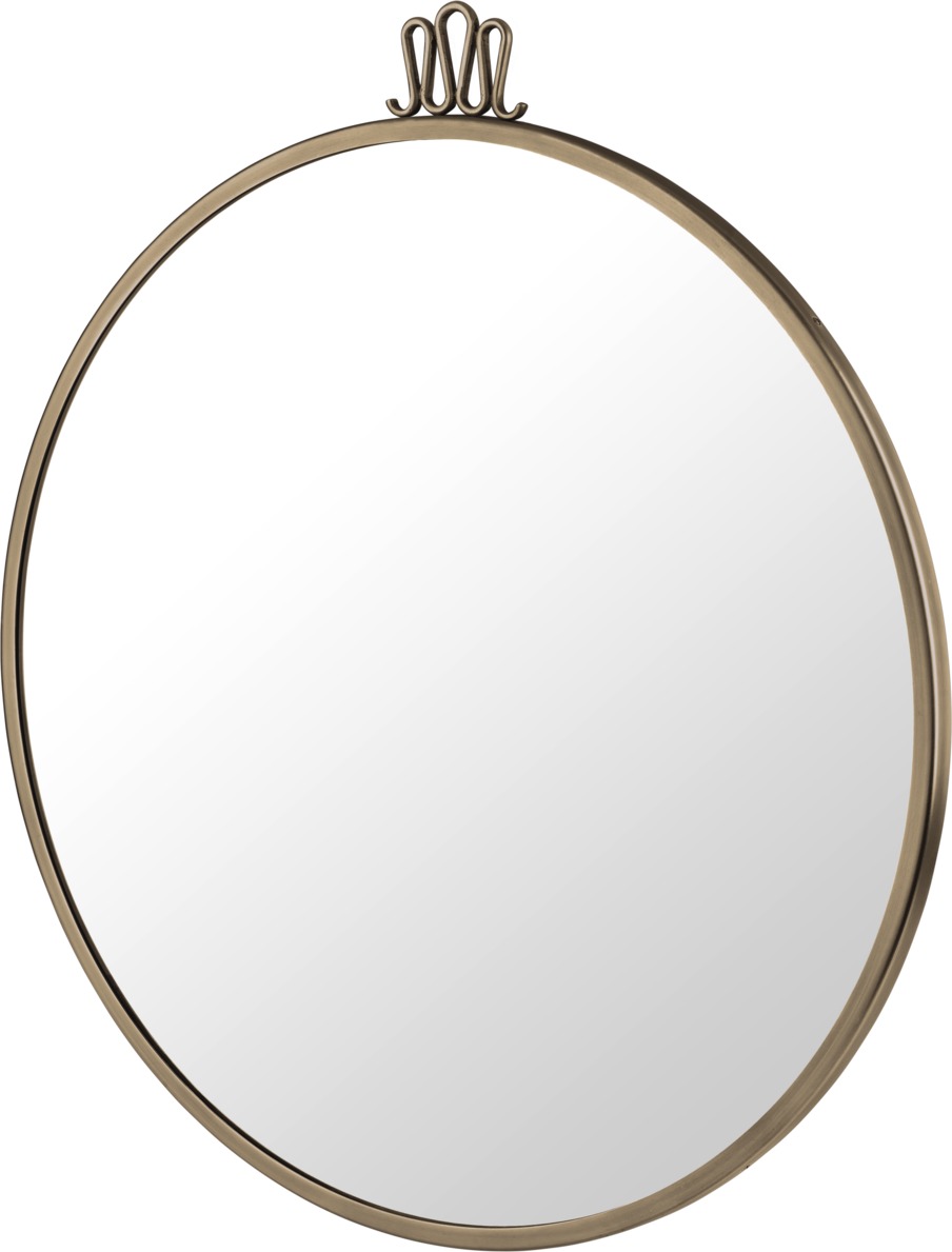 Randaccio Wandspiegel von Gubi, runder Spiegel mit goldenem Rahmen und dekorativer Aufhängung.