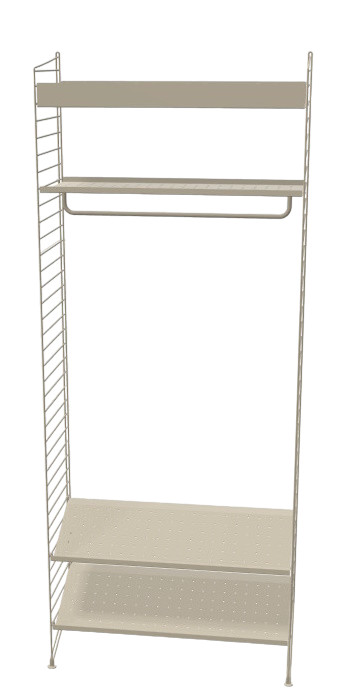 Flur KONFIGURATIONEN String Furniture: Beige Regalsystem mit Kleiderstange und zwei Regalböden für den Flur.