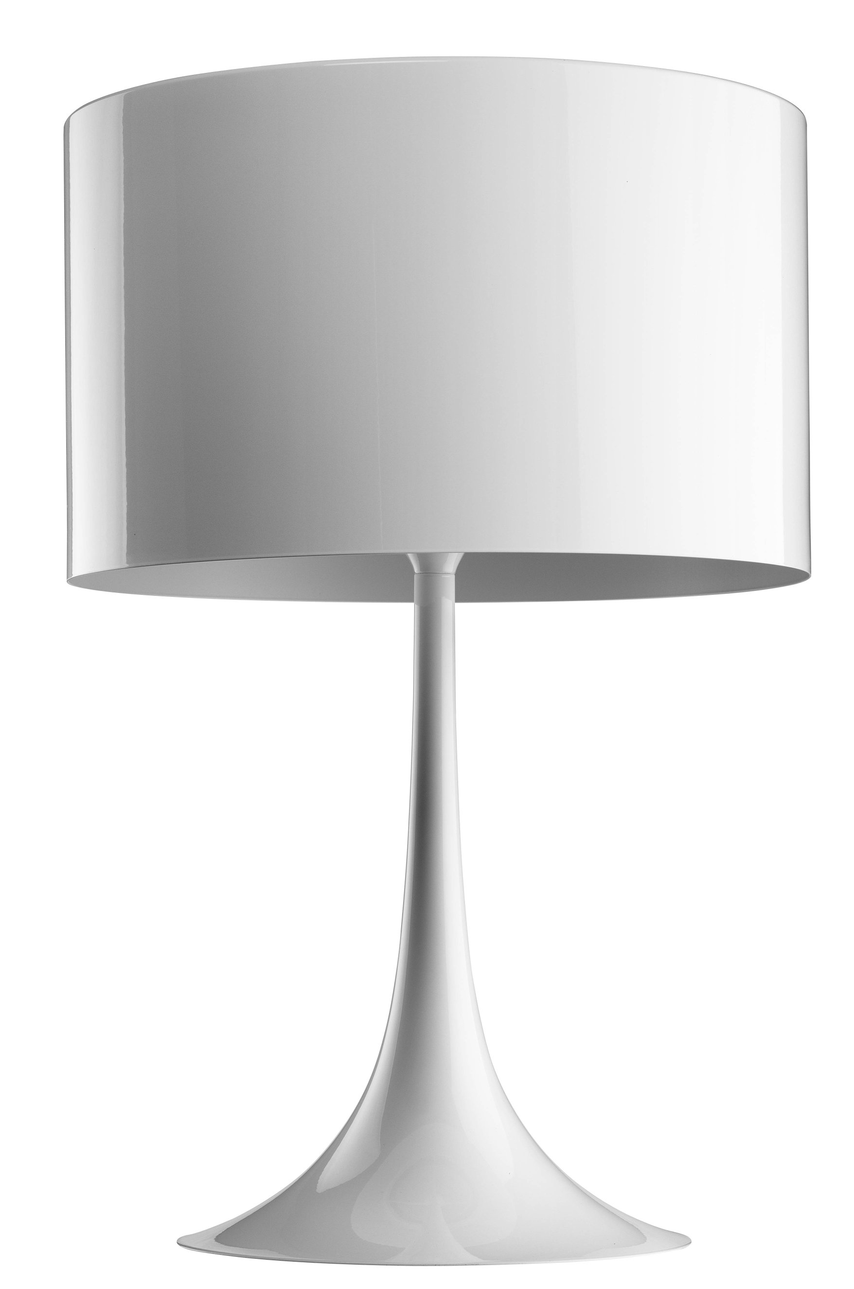 Weiße Spun Light T1 Tischleuchte von Flos mit zylindrischem Lampenschirm und trompetenförmigem Fuß.