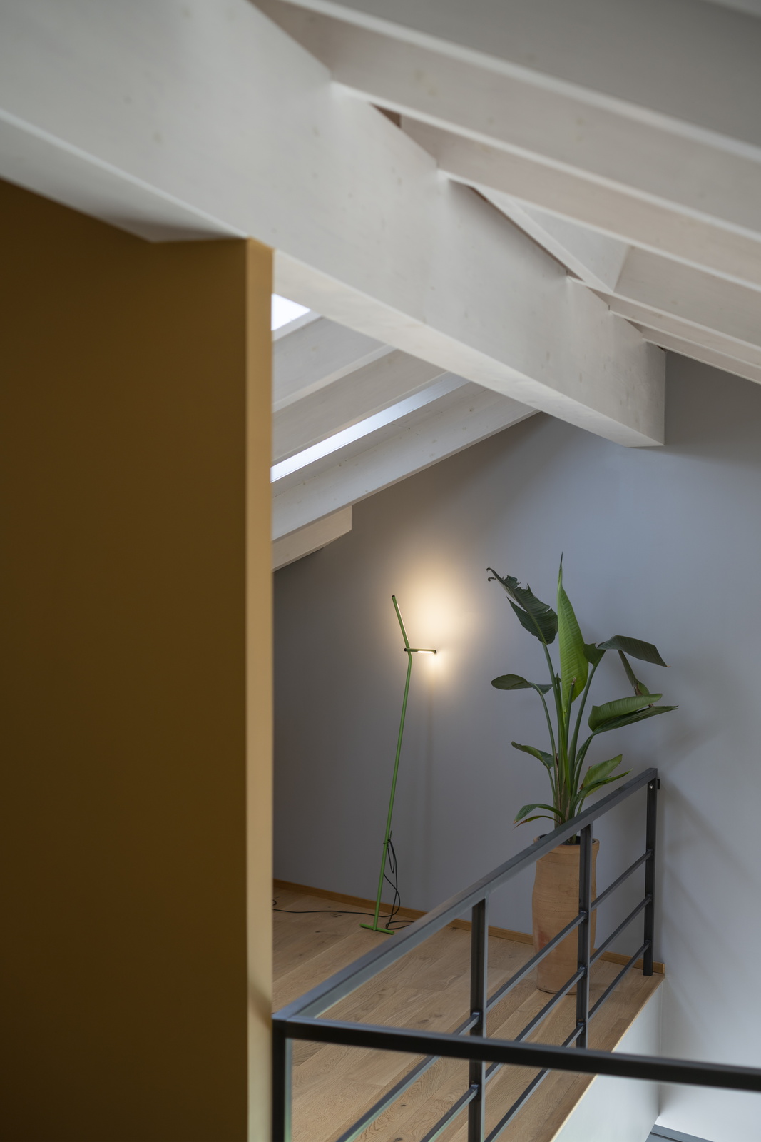 Grüne Gru Stehleuchte von Martinelli Luce neben einer Pflanze im modernen Interieur.