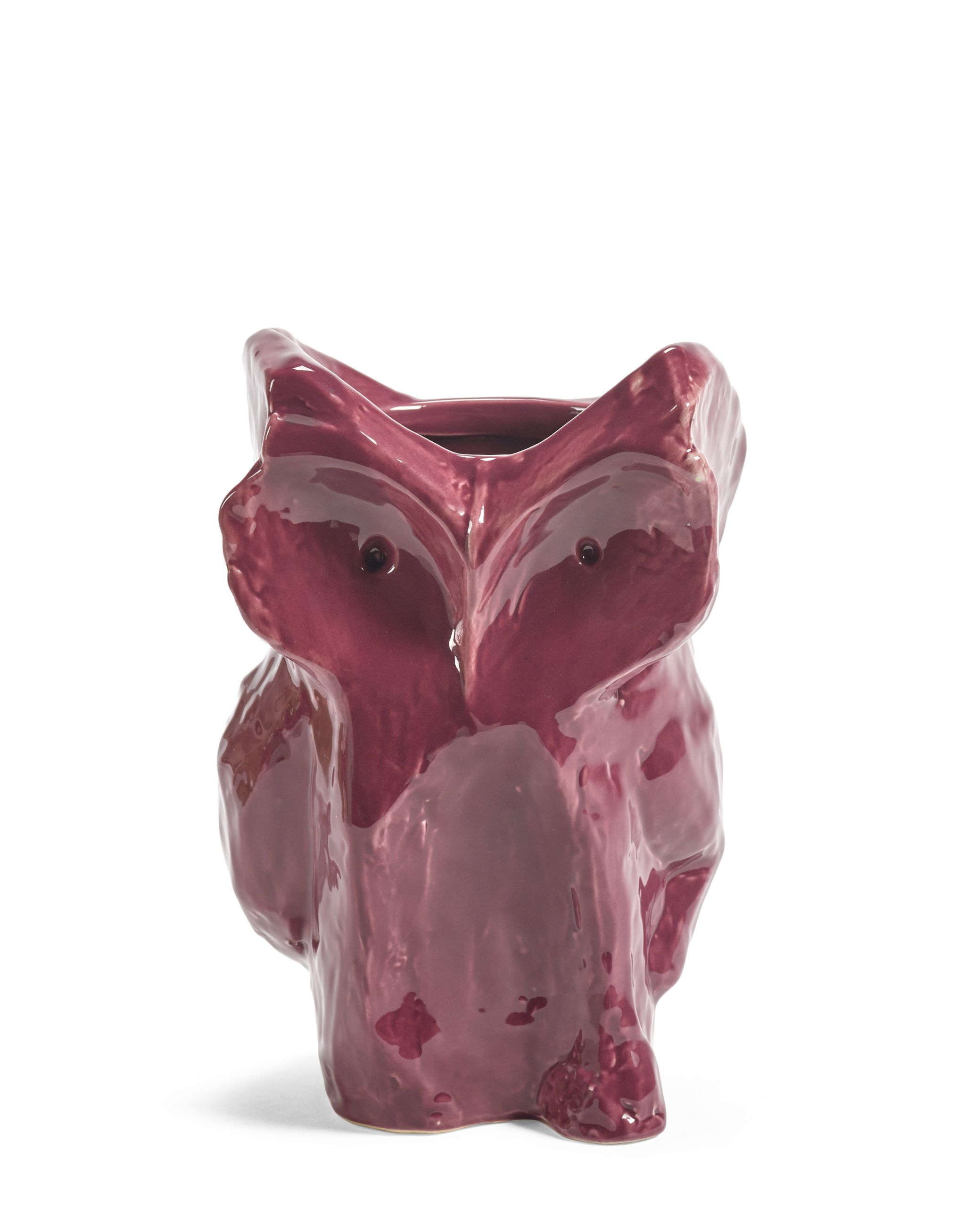 Auberginefarbene Eule Vase von Serax, kleine Keramikvase in Eulenform für Blumen und Dekoration.