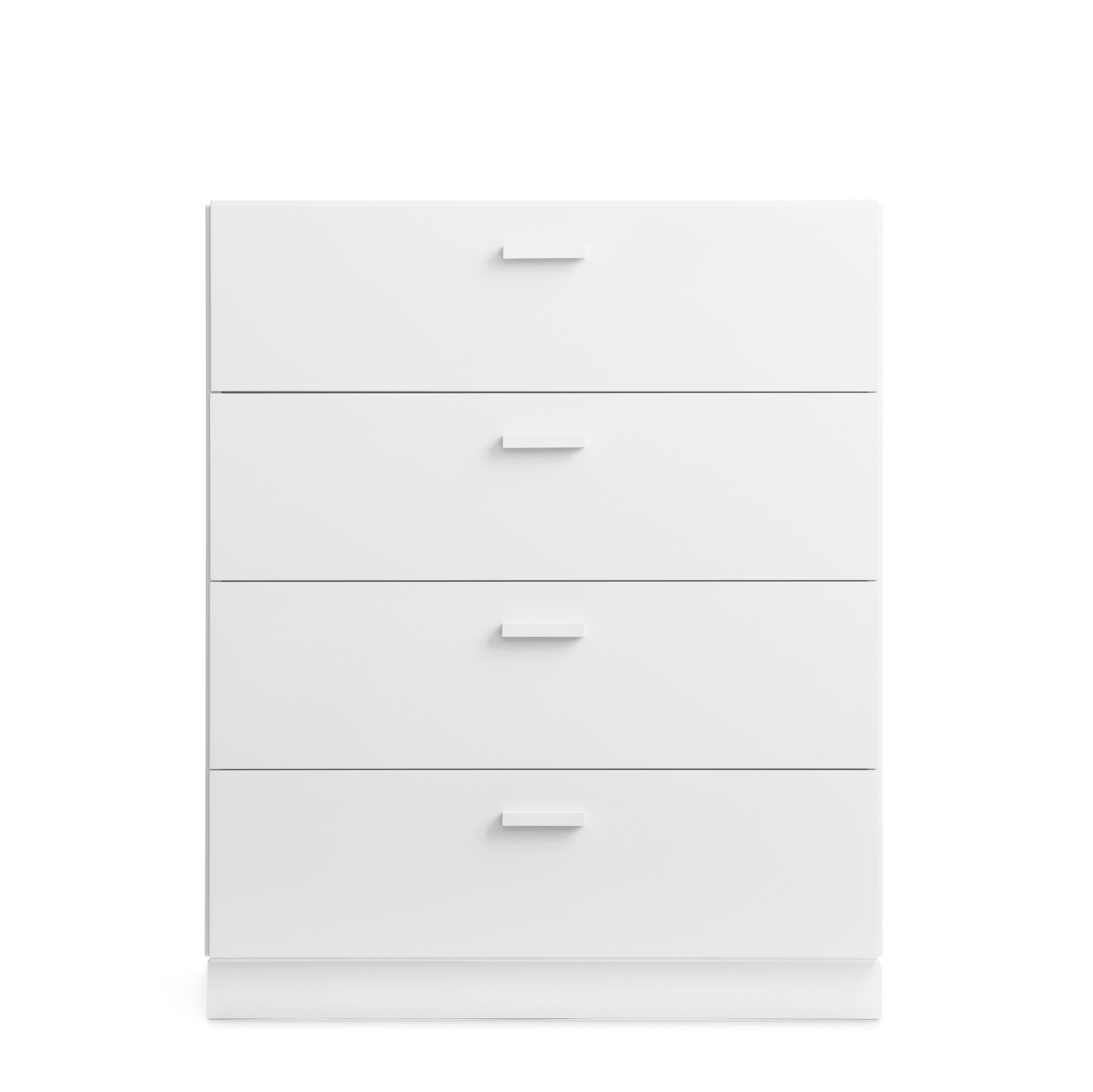 Weiße Relief Kommode von String Furniture mit vier Schubladen und Sockel. Modernes Design.