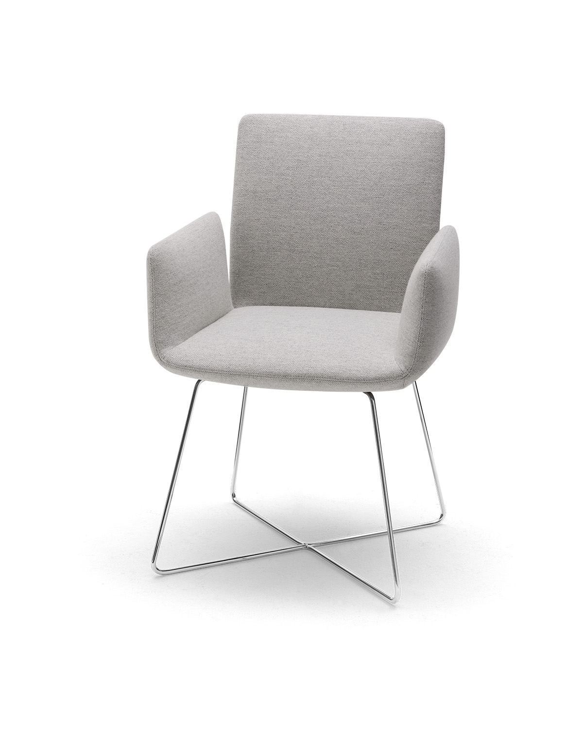 Jalis Stuhl mit Armlehnen von Cor, grauer Stoffbezug und Drahtgestell aus Chrom.