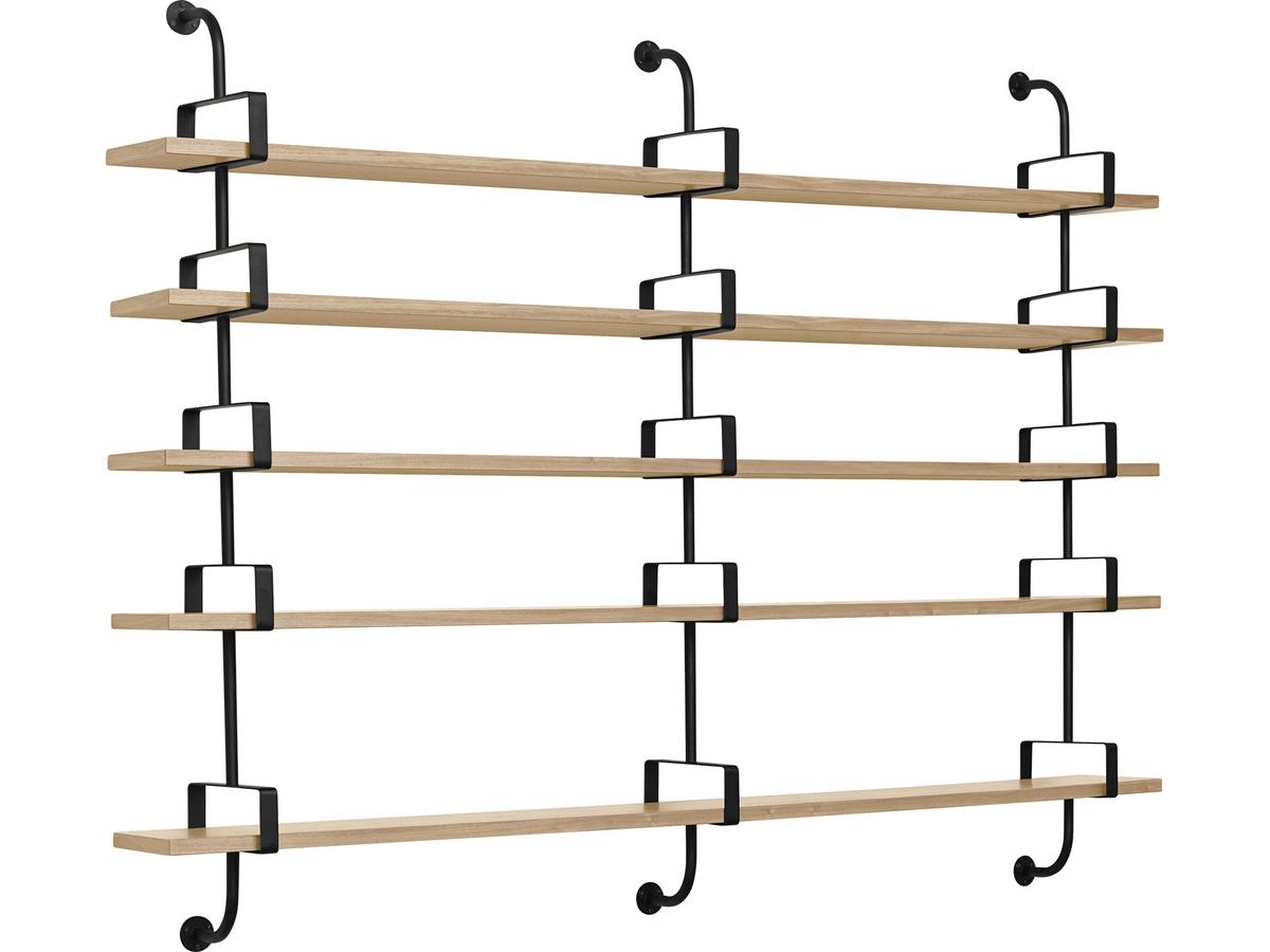 Démon Regal: Wandregal mit hellem Holz und schwarzer Metallhalterung, modernes Design für Wohnzimmer.