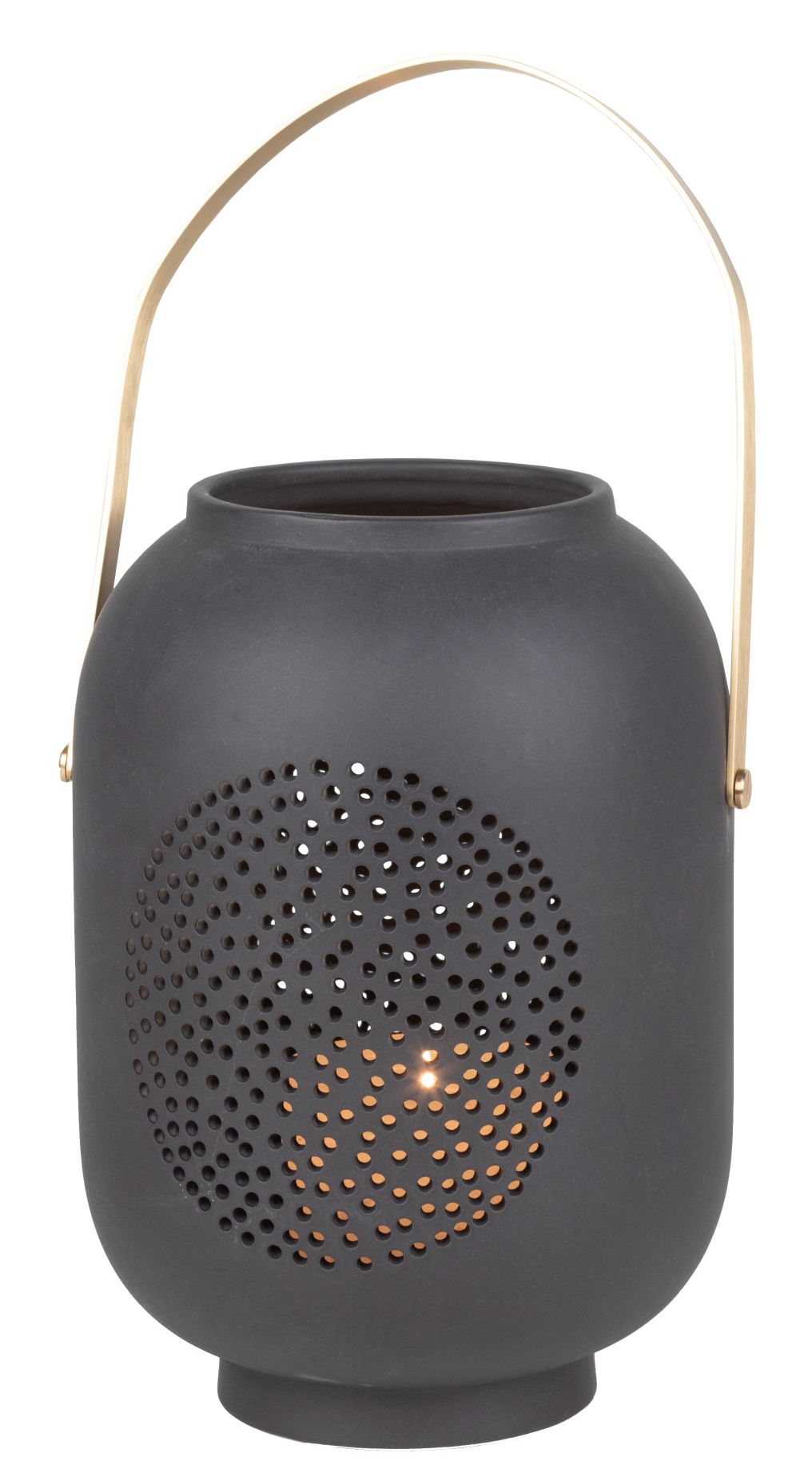 Zuhausesein Laterne Mond Räder: Schwarze Keramik Laterne mit goldenem Henkel und Mond-Lochmuster, stimmungsvolle Dekoration.