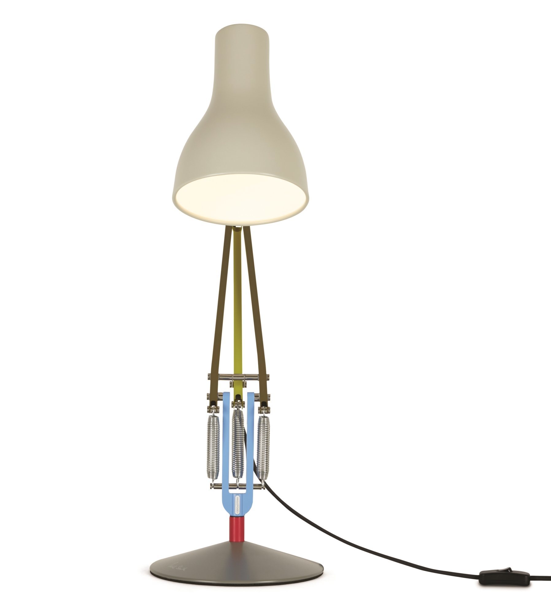 Anglepoise Type 75 Paul Smith Edition Tischleuchte in Beige mit farbigen Akzenten und sichtbaren Federn.