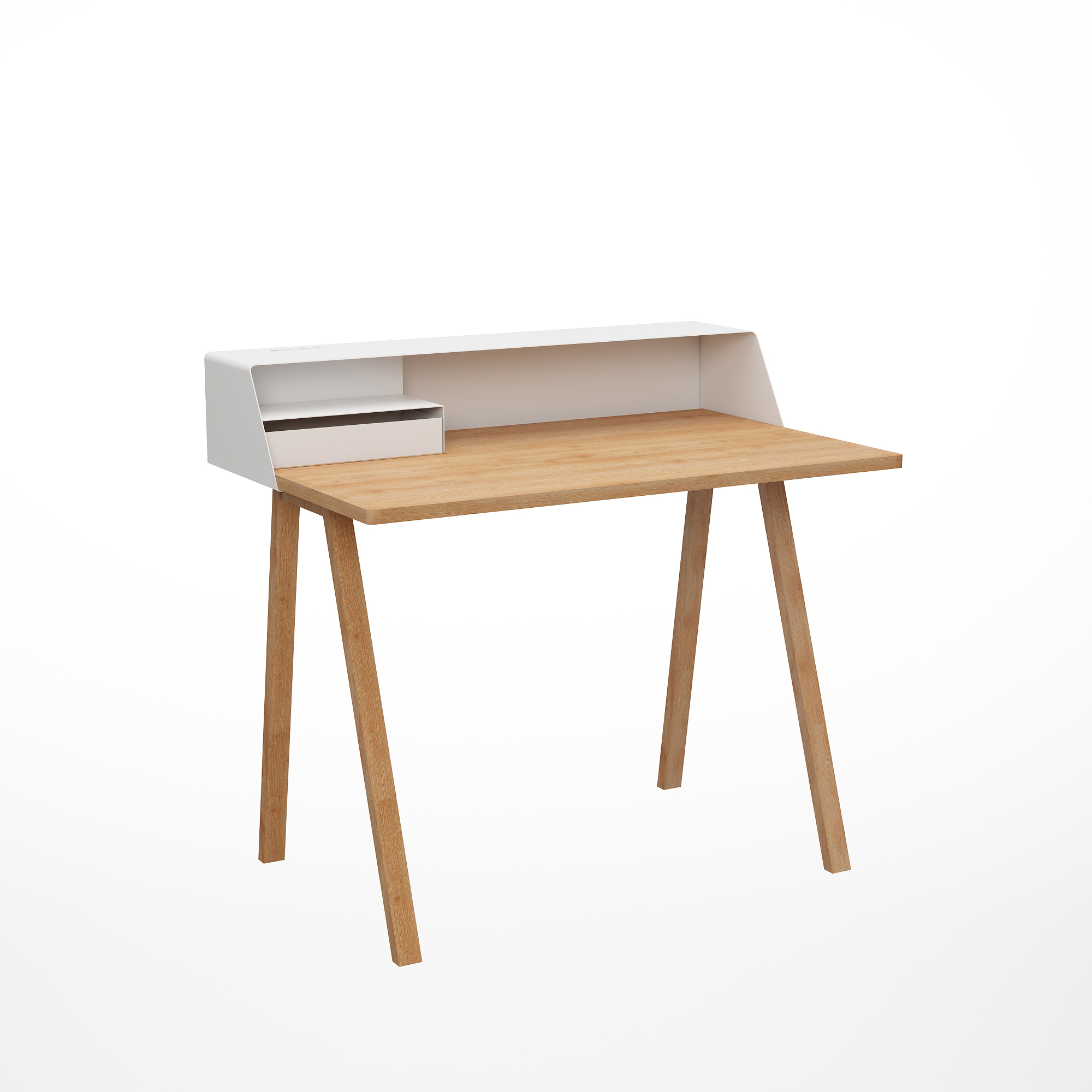 Weißer PS04 Sekretär mit Eichenplatte und Holzbeinen von Müller Möbelfabrikation. Moderner Schreibtisch für Büro oder Arbeitszimmer.