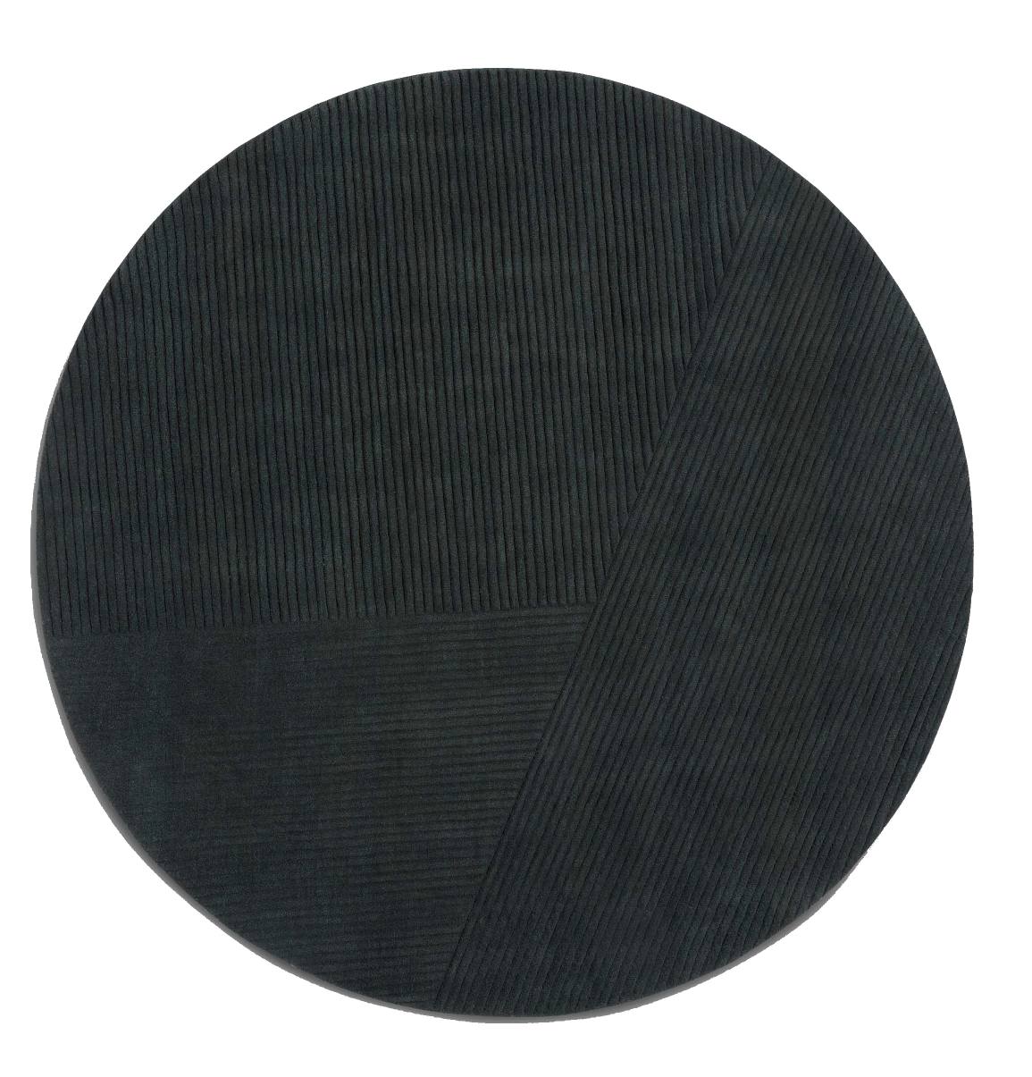 Schwarzer, runder Teppich "Row" mit strukturiertem Design für Wohnzimmer und Schlafzimmer.