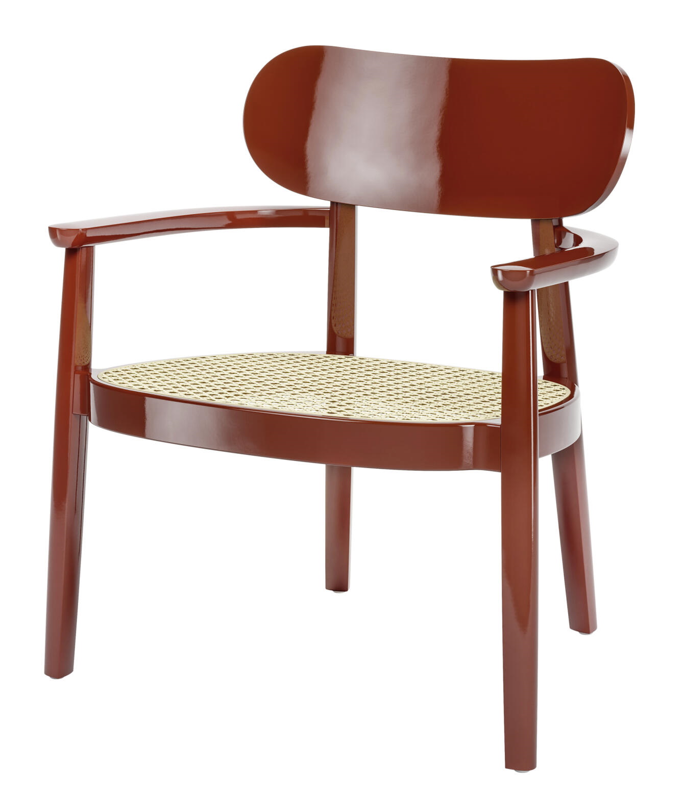 Hochglanz brauner Holzsesessel mit Armlehnen und Wiener Geflecht Sitzfläche. Thonet Design Stuhl.