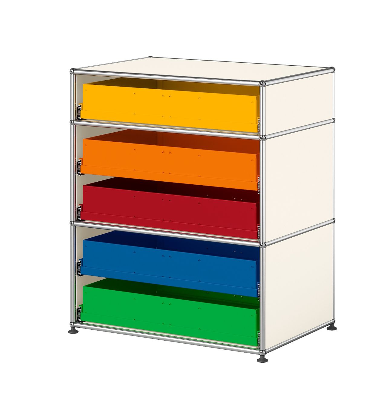 USM Haller Kommode für Kinderzimmer mit bunten Schubladen in Gelb, Orange, Rot, Blau und Grün.