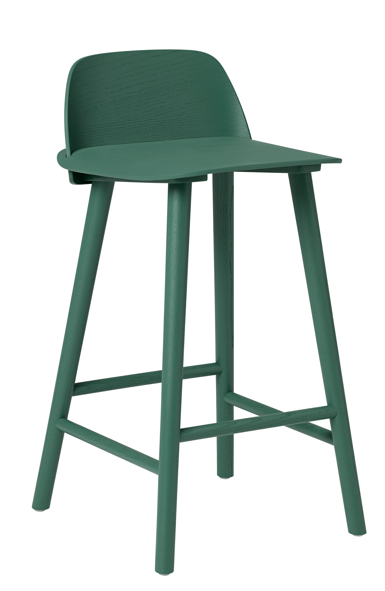 Grüner Nerd Counter Stool Barhocker von Muuto, H 65 cm, aus Holz, mit Rückenlehne.