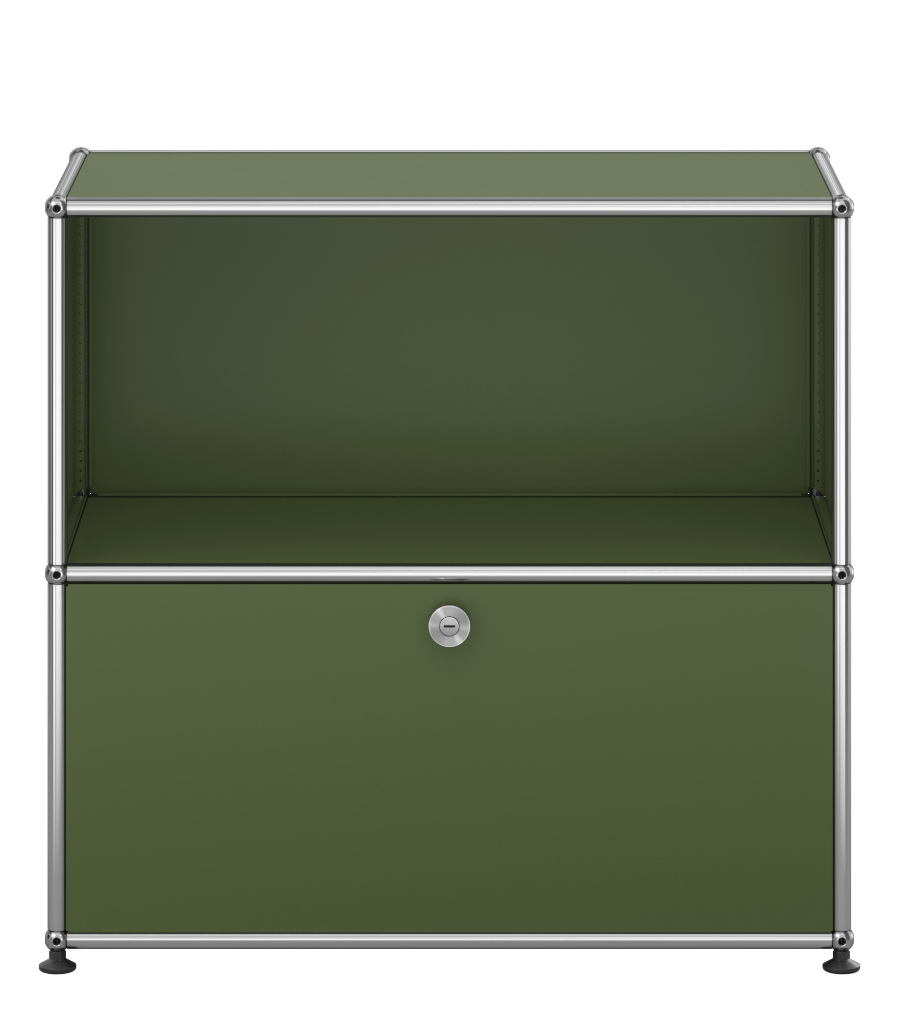 USM Haller Sideboard in Olivgrün mit einer Klappe und einem offenen Fach. Designklassiker für stilvolles Wohnen.