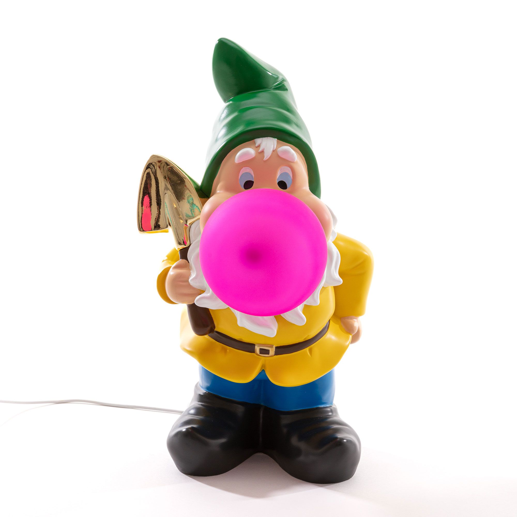 Seletti Gummy Lampe: Gartenzwerg mit pinker Kaugummi-Blase und goldener Schaufel als dekorative Leuchte.