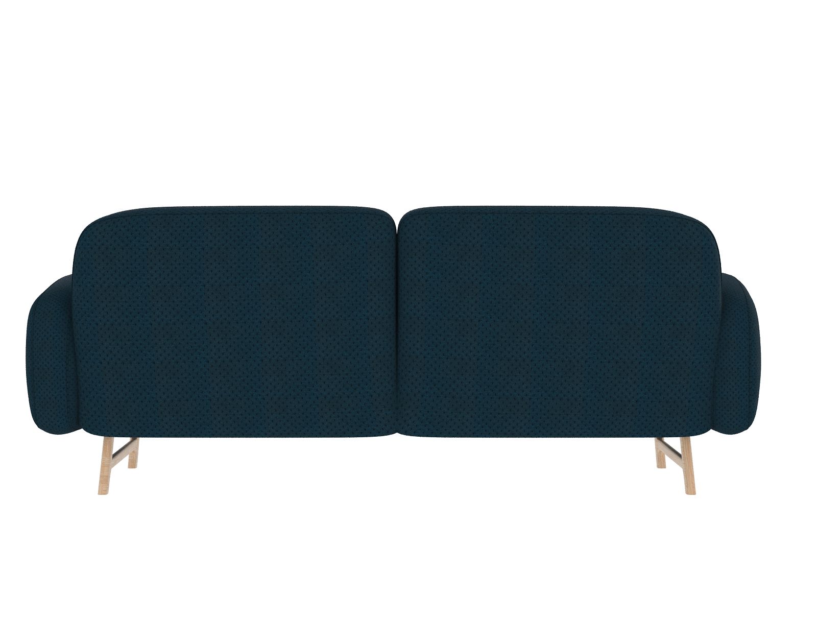 Rückansicht des blauen Auguste Sofas von Hartô, ein modernes 3-Sitzer Sofa mit Holzfüßen.