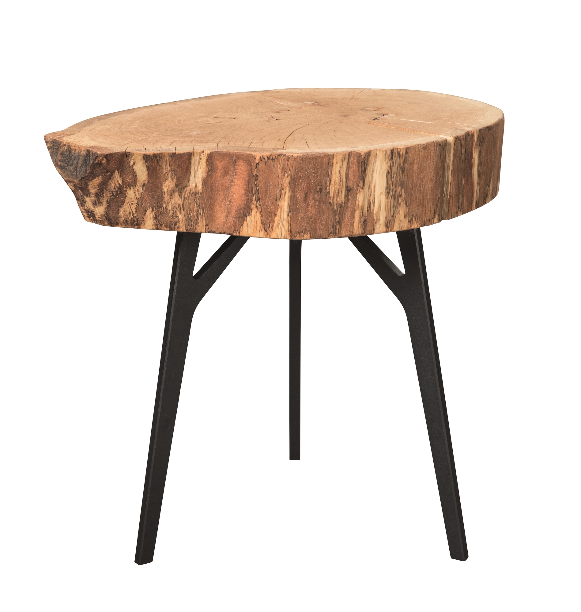 Stomp Beistelltisch mit Baumscheiben-Tischplatte und schwarzen Metallbeinen. Moderner Holztisch für Wohnzimmer und Schlafzimmer.