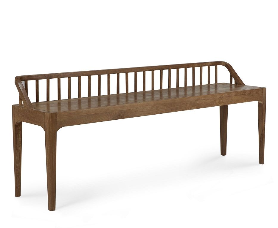 Ethnicraft Teak Bank mit Spindel-Design, Massivholz, natürliche Holzfarbe, minimalistisches Design für Wohnzimmer und Flur.