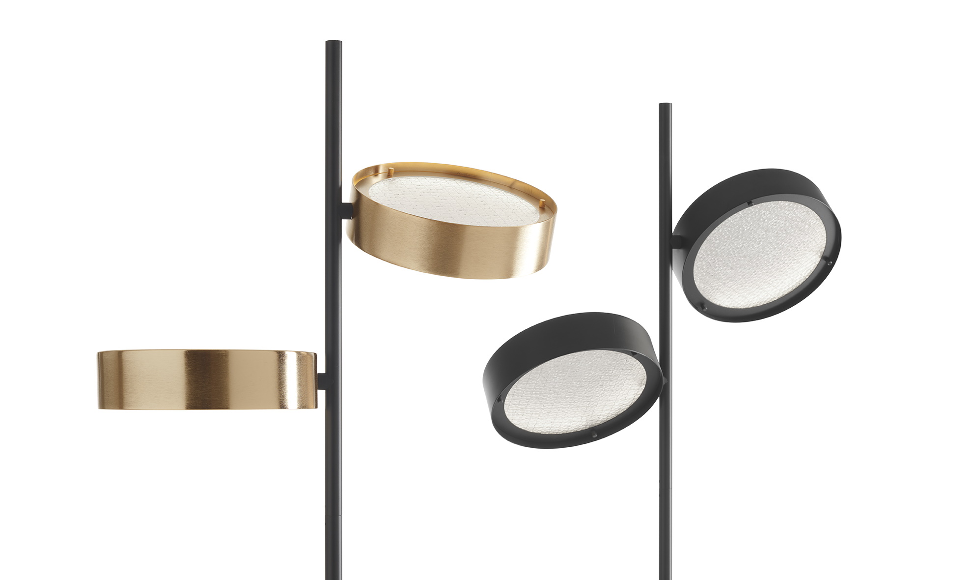 Oluce Stehleuchte Berlin mit runden, verstellbaren Leuchten in Gold und Schwarz. Designleuchte.